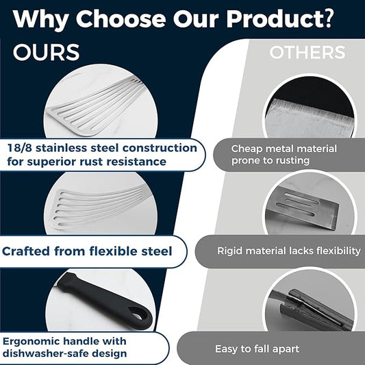 18/8 Stainless Steel Fish Spatula, Thin Long Flexible 12.5-in Metal Spatula Fish Turner Brushed Kitchen Utensil for Outdoor Grilling Daily Barbeque, Dishwasher Safe