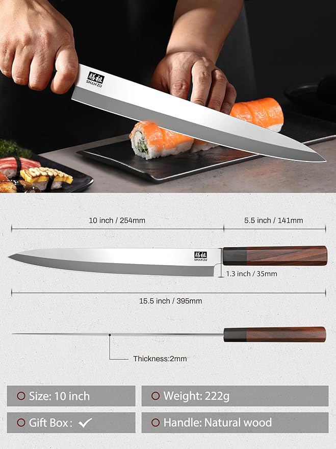 SHAN ZU 10 Inch Sushi Knife, High Carbon Japanese Steel Sashimi Knife, Japanese Knives for Fish Filleting & Slicing, Sushi Making Knives with Red Sandalwood Handle