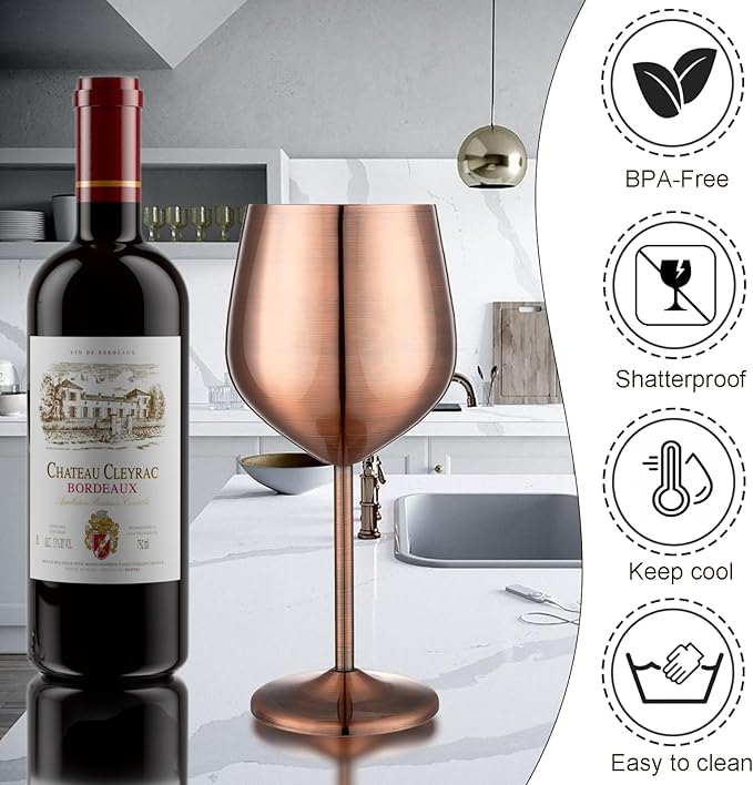 Stainless Steel Wine Glasses Set of 2, 18 oz Unbreakable Wine Glass Unique Metal Wine Goblets for Outdoor Capming and Pool Gift for Wine Lovers (Red Copper)