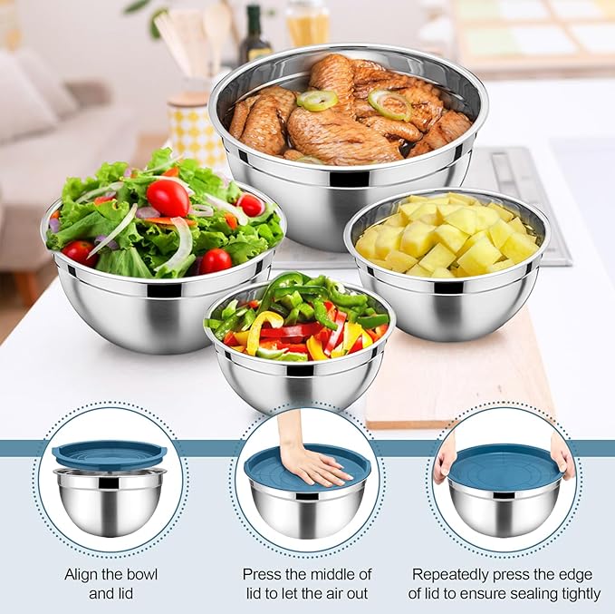 TeamFar Mixing Bowls with Lids Set, 6PCS Stainless Steel Metal Nesting Salad Bowl with 3 Grater Attachments, for Food Baking/Mixing/Serving/Storing, Dark Blue- 4.6/2.6/2 / 1.5/1 / 0.7 QT