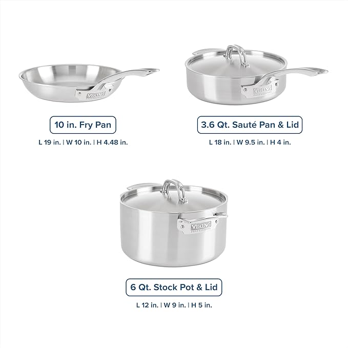 Viking 5-Ply Pots and Pans Set, 5 Piece Stainless Steel Kitchen Cookware, Silver