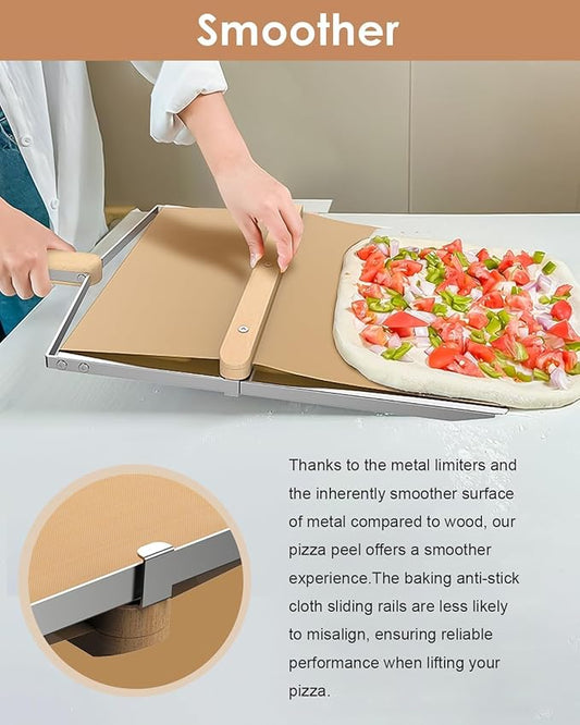 Sliding Pizza Peel 12 Inch, Non Stick Pizza Peel Slider with Wood Handle Detachable elite peel sliding pizza peel, 304 Stainless Steel Metal Pizza Board 15.4" x 12.7"