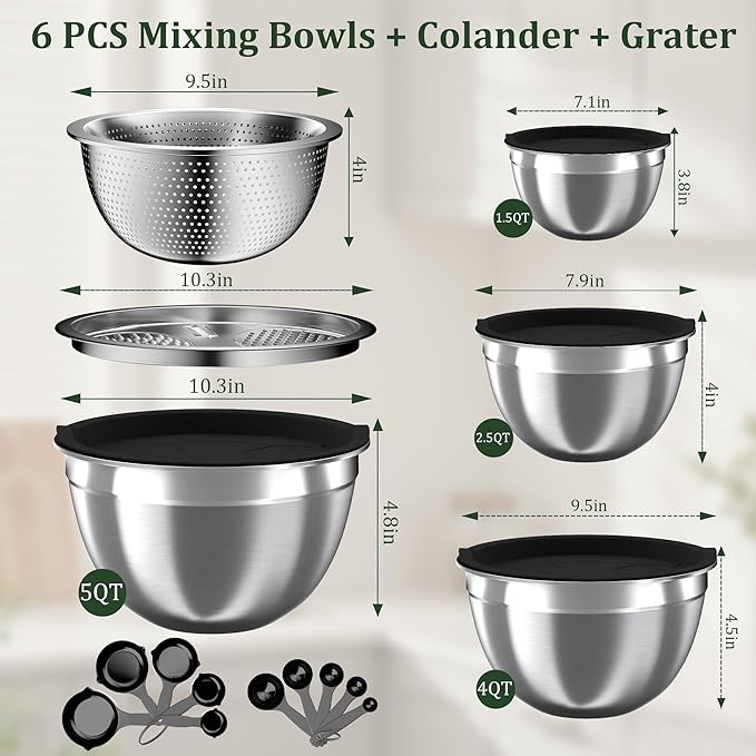 Mixing Bowls with Lids Set, 16PCS Stainless Steel Mixing Bowls,Nesting Storage Bowls for Kitchen with Mixing Bowl, Colander, Strainer & Grater, Metal Salad Bowl for Kitchen Gadgets, Black
