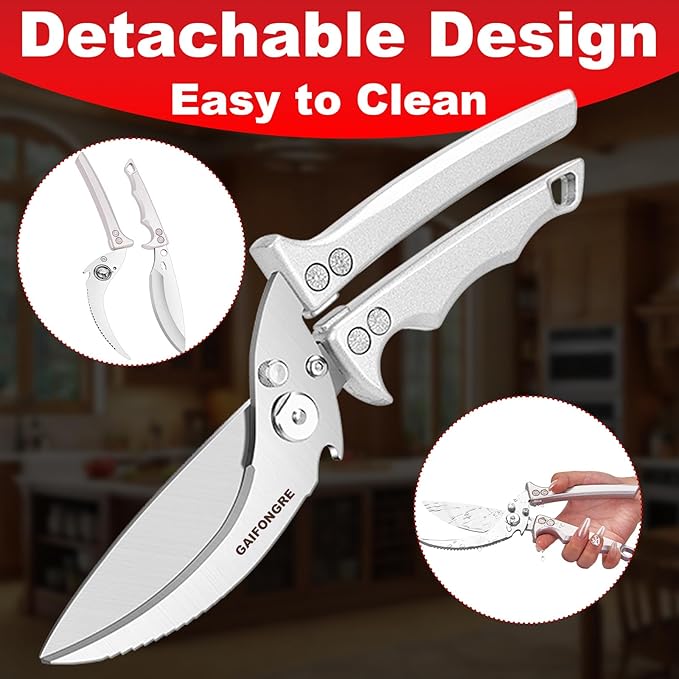 Poultry Shears Heavy Duty,Kitchen Shears for food Heavy Duty,Kitchen Scissors All Purpose,Chicken Shears,Fish,Meat,Easily Separable for Thorough Cleaning,Dishwasher Safe (Silver)