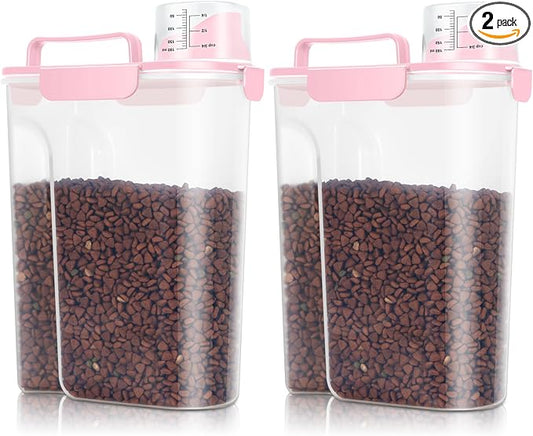 TBMax 2 Pack Cat Dog Food Storage Containers 10 to 14 Lbs, Portable Travel Pet Container Dispenser with Easy-Pouring Spout & Cup, Airtight Bird Seed Container Dog Treat Storage Bin -Pink