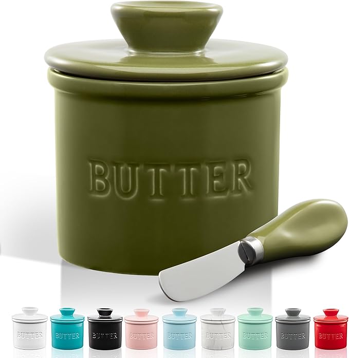Zulay Kitchen Butter Crock With Lid & Spreader Knife for Countertop - Ceramic French Butter Dish Keeper For Fresh & Spreadable Butter - Cypress Green