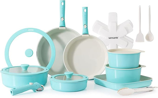 SENSARTE 24 Piece Ceramic Pots and Pans Set, Nonstick Detachable Handle Cookware, Induction Cookware Set with Removable Handle, Healthy Non Stick for RV, Dishwasher&Oven Safe, PFOA Free (Turquoise)