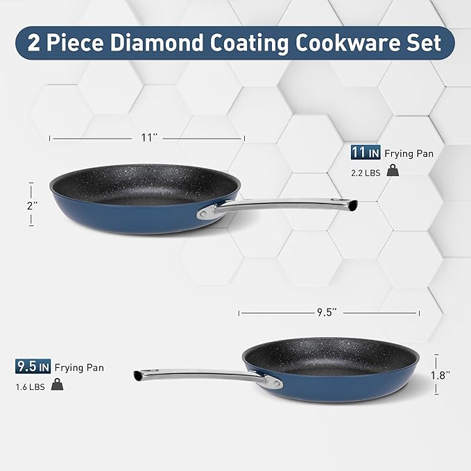 DishDelight Pots and Pans Set Nonstick, 9,11 Inch Induction Ceramic Cookware Set with Stay-Cool Handles, Added Plasma Diamond, Blue