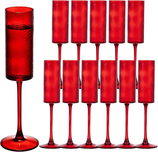 12 Pieces Red Champagne Flutes,6 OZ Twill Pattern Striped Vintage Stem Glasses Stemware Wine Glasses Champagne Long Stem Drinking Colored Glasses Goblets for Wedding Cocktail Cups,Cava, Prosecco