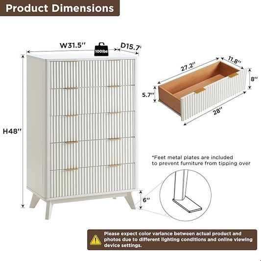 T4TREAM Fluted 5 Drawers Dresser, 48" Tall Modern Chest of Drawers with Faux Marble Top, Curved Profile Design, Wood Drawer Organizer for Bedroom, Living Room, Hallway, Entryway, Solid White