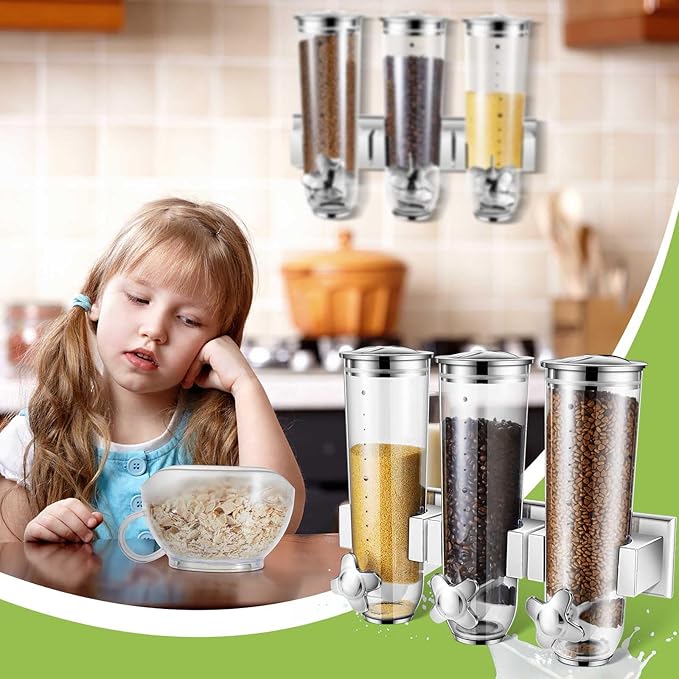 Umigy 2 Pcs Candy Dispenser Wall Mounted, Triple Dry Cereal Grain Dispenser Machine Wall Mount, Food Storage Container for Pantry Snack with 3 Cup for Kitchen, 39 oz (Silver)