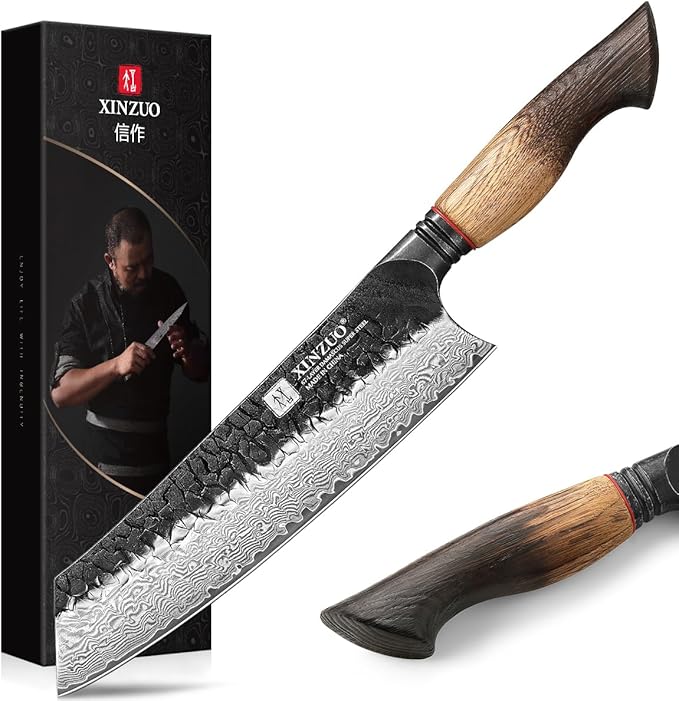 XINZUO 8.3 Inch Kiritsuke Chef Knife, Forged 67 Layers 10Cr15Comov High Carbon Damascus Steel Professional Kitchen Knife,Super Sharp,White Oak + Red G10 Gasket Handle