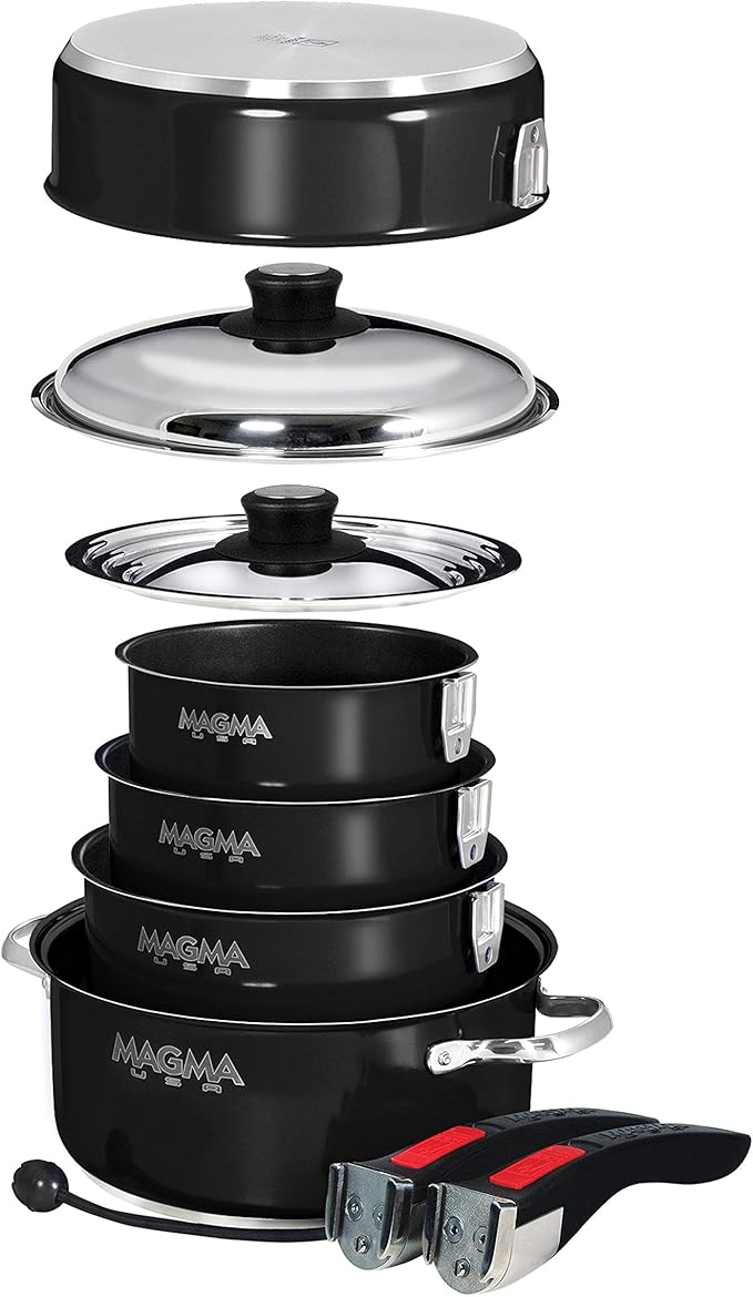Magma 10 Piece Gourmet Nesting Stainless Steel Cookware Set with Ceramica Non-Stick, Induction Compatible, Oven Safe to 500°F - Suitable for All Stovetops, Removable Handles, Jet Black