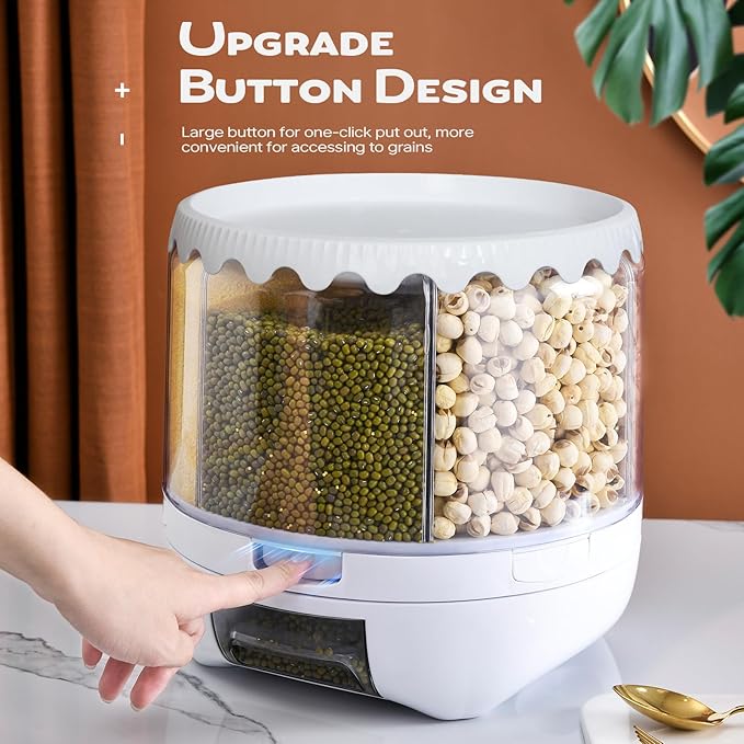Grain Dispenser, 360° Rotating Storage Container, 6 Grid Food Dispenser with Storage Sealed Lid, Rice Dispenser for Kitchen Grains, Beans, Rice