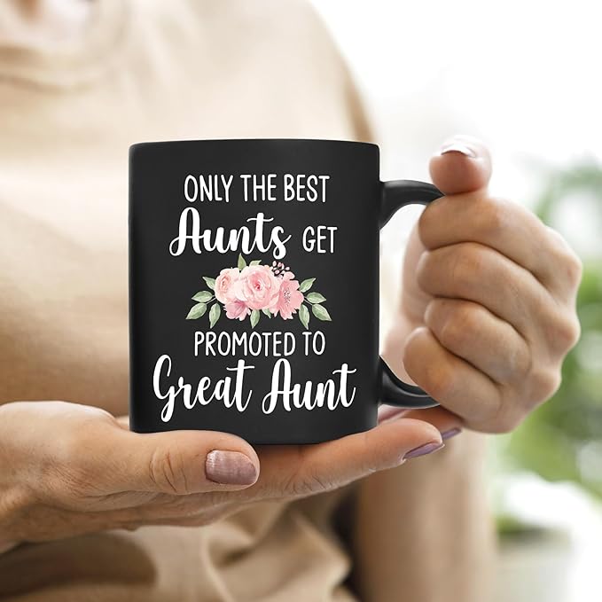 QASHWEY Get Promoted to Great Aunt Coffee Mugs Mug, Funny Pregnancy Announcement Gifts for AuntNew Great Aunt, GreatAunt to Be Gifts Black Ceramic Mugs Cups 11 Ounce
