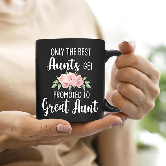 QASHWEY Get Promoted to Great Aunt Coffee Mugs Mug, Funny Pregnancy Announcement Gifts for AuntNew Great Aunt, GreatAunt to Be Gifts Black Ceramic Mugs Cups 11 Ounce