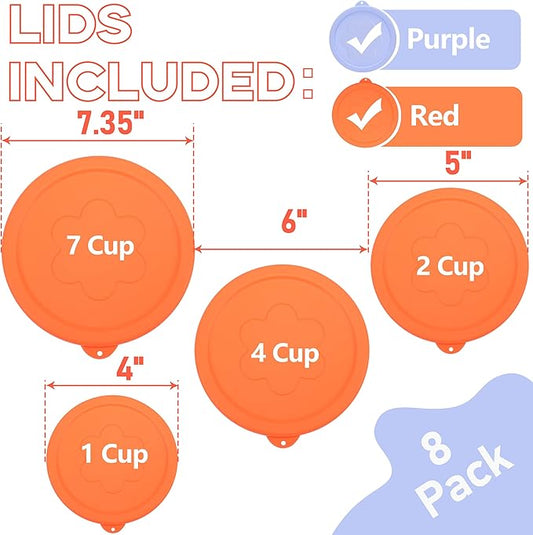 1 Cup 2 Cup 4 Cup 7 Cup Round Silicone Replacement Lids for Pyrex 7202-PC, 7200-PC, 7201-PC, 7402-PC Glass Bowls, 8 Pack Storage Cover, Microwave & Dishwasher & Freezer Safe