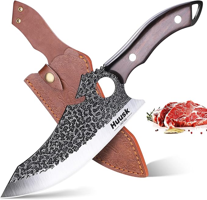 Huusk Japan Knife for Meat Cutting, Caveman Knives for Vegetables Butcher Knives with Full Tang Handle Viking Knives with Opener & Sheath for Kitchen BBQ Camping Outdoor, Gifts for Dad Christmas Gift