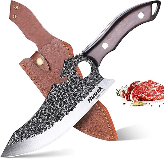 Huusk Japan Knife for Meat Cutting, Caveman Knives for Vegetables Butcher Knives with Full Tang Handle Viking Knives with Opener & Sheath for Kitchen BBQ Camping Outdoor, Gifts for Dad Christmas Gift