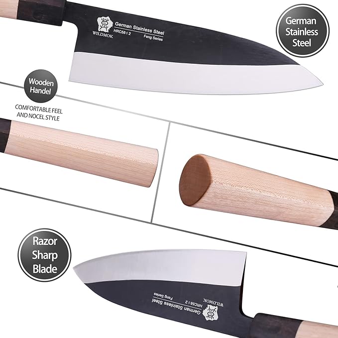 WILDMOK 7 Inch Deba Knife - Asian Usuba Salmon Sashimi Knife with German Stainless Steel Blade & Traditional Wooden Handle