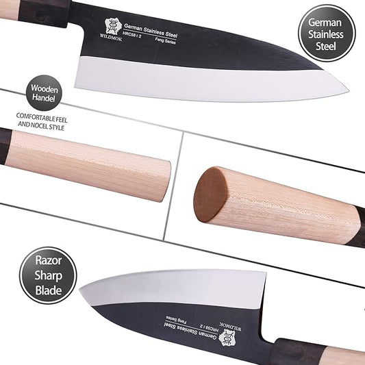 WILDMOK 7 Inch Deba Knife - Asian Usuba Salmon Sashimi Knife with German Stainless Steel Blade & Traditional Wooden Handle
