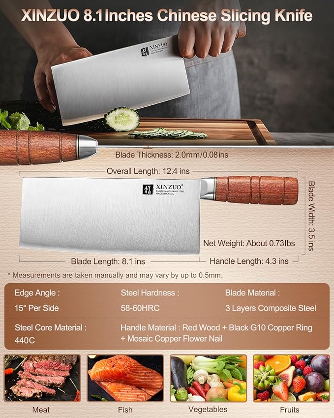 XINZUO 8.1 Inch Professional Chinese Chef Knife,440C Steel Core,Sharp Stainless Steel Vegetable Cleaver Meat Kitchen Square Knife For Precision Slicing, Dicing,Asian Cuisine With Red Wood Handle