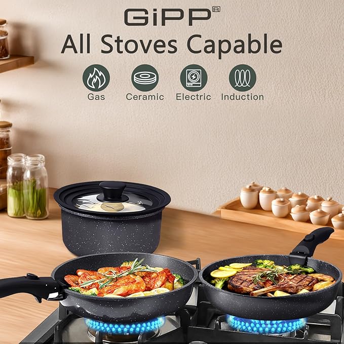 GiPP Ceramic Pots and Pans Set Non Stick, Nonstick Detachable Handle Cookware Sets, Healthy Non Toxic PFAS PFOA & PTFE Free, Dishwasher &Oven Safe, Induction Kitchen Pot and Pan, 15 Piece Grey