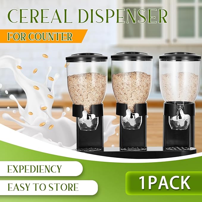 Umigy 1 Pack Triple Indispensable Dry Food Dispenser 67oz Each Capacity Cereal Container for Storage Preserving Dispensing Kitchen Rice Candy Nuts Dog Food Granola Snack Gumball Countertop (Black)
