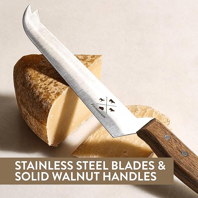 Formaticum - Professional Tasting Cheese Knife - 7" x 1.25" All Types of Cheese Slicer, Stainless Steel Blade, Fork Tip and Walnut Handle, Great Cheese Charcuterie Accessories - Handmade in Italy