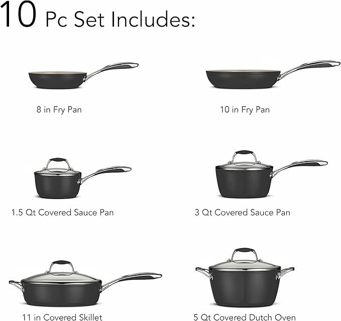 Tramontina 80110/525DS Gourmet Ceramica Deluxe Cookware Set, Non Stick Ceramic Interior, 10-Piece, Metallic Black, Made in Italy