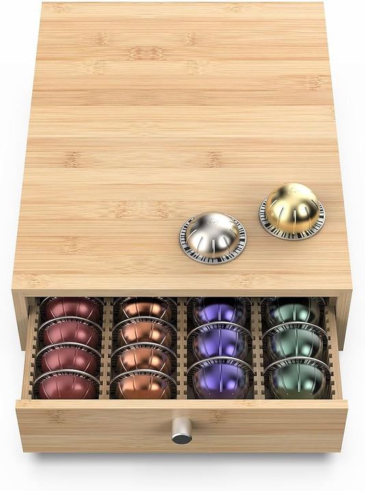for Nespresso Vertuo Capsules (NV136) - Premium Bamboo Coffee Pod Drawer, 36 Big or 48 Small Vertuoline Pods Organizer - 10.8"Wx14"Dx3.9"H (Natural)