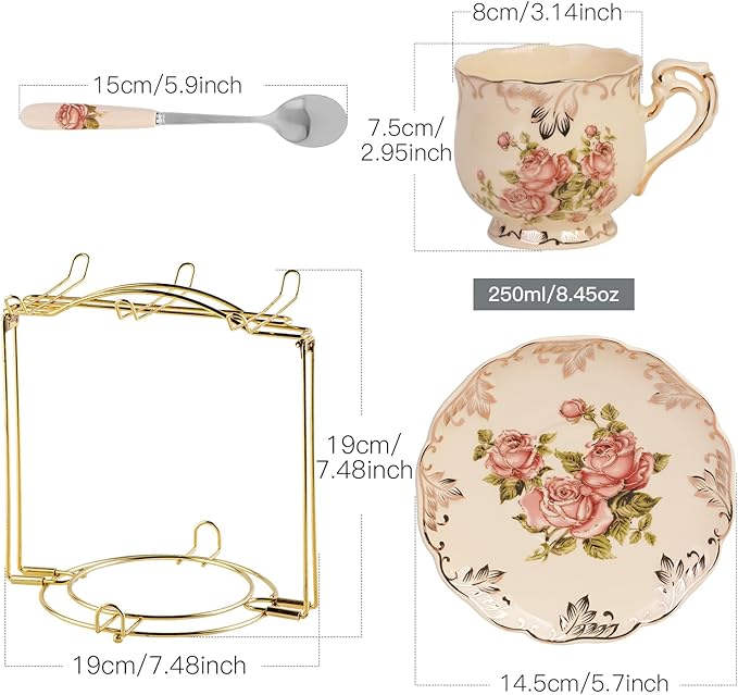 YOLIFE Ivory Pink Rose Tea Cups and Saucers Set of 6, 8 oz Vintage Floral Porcelain Tea Cups Set, Coffee Cups with Golden Rack