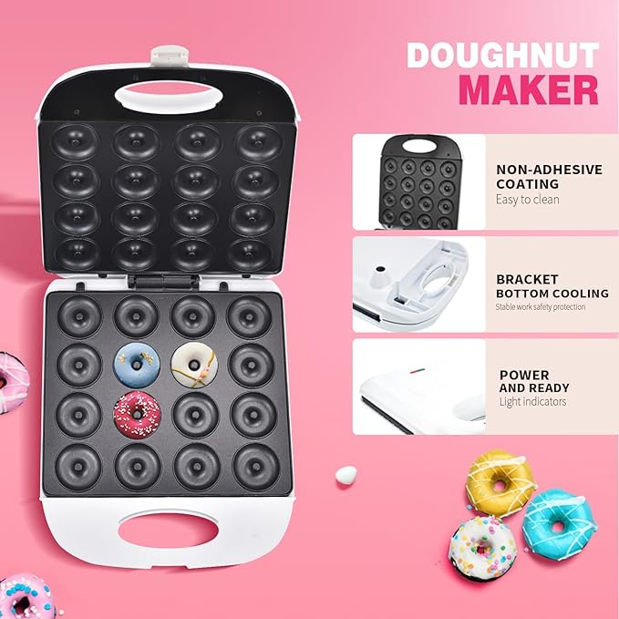 DSP All in One 2 Inch Mini Donut Maker, Non-Stick, Cool Touch, Electric Doughnut Machine for 16 Snacks & Desserts, Perfect for Birthday, Wedding, Baby Shower, Christmas, Party, Afternoon Tea