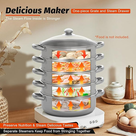 Steamer Pot 12in, 5-Tier Stackable Steamer Cooker with Lid and Triply Bottom, 304 Stainless Steel Food Cookware Set for Vegetables, Dumplings, Seafood on Gas & Electric Stoves
