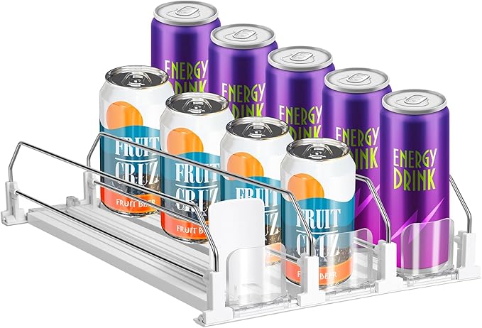 asika Drink Organizer for Fridge, Adjustable Width Soda Can Dispenser for Refrigerator Organizers and Storage, 3 Rows Beer Bottle Beverage Holder with Pusher Glide (14.96" D, White)