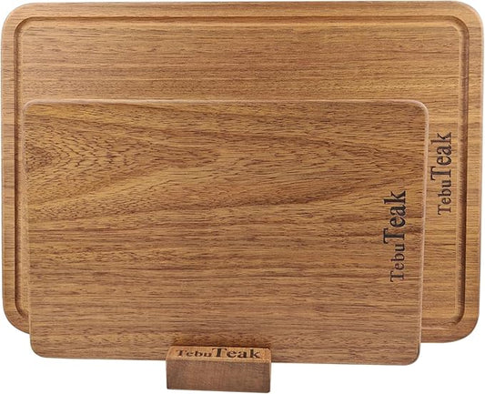 Solid Teak Wood Cutting Board Set - Single/One Piece Design Crack Resistant Wooden Choping Boards No Glue Knife-Friendly for Kitchen Meat Vegetable 16.9x11.8&11.8x7.9 IN