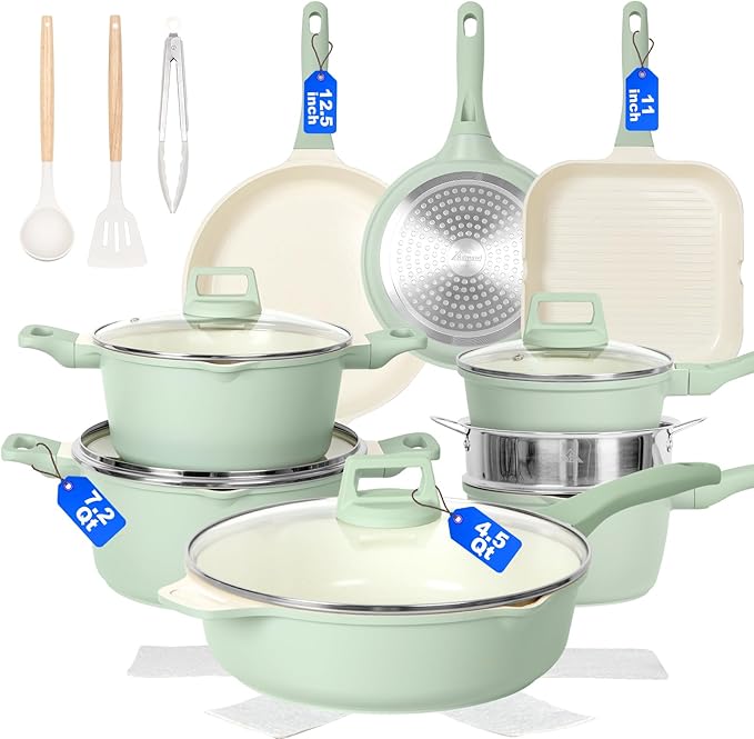 Romswi 23pcs Pots and Pans Set Non Stick, Kitchen Cookware Set with Casserole, Frying & Saucepans, Oven Safe & Stovetop Agnostic Non Toxic Cookware(Gas, Electric & Induction) - Green