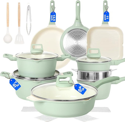 Romswi 23pcs Pots and Pans Set Non Stick, Kitchen Cookware Set with Casserole, Frying & Saucepans, Oven Safe & Stovetop Agnostic Non Toxic Cookware(Gas, Electric & Induction) - Green