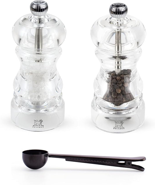 Peugeot Nancy Inch Salt & Pepper Mill Gift Set, Acrylic - With Stainless Steel Spice Scoop/Bag Clip (4.75 Inch)