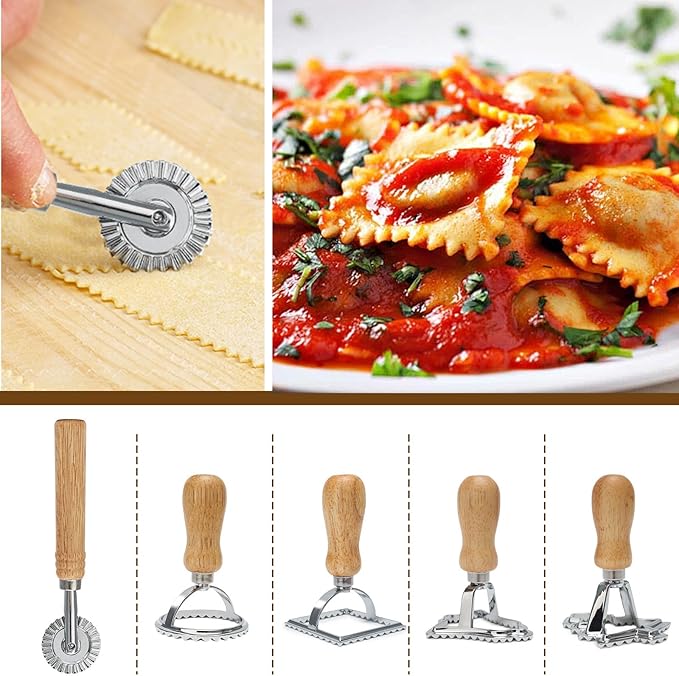 11 Pcs Pasta Making Tools with 4 Ravioli Stamps(Christmas Tree,Bell,Square,Round),Pasta Drying Rack, Threaded Rolling Pin, 2 Rolling Pins, Gnocchi Board,Dough Cutter, Wheel Cutter,Homemade Pasta Kit
