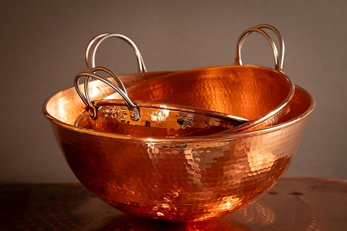 Sertodo Copper Handled Mixing Bowls | 3 Piece Set (8", 10", 12" diameters) | 100% Pure Copper, Heavy Gauge, Hand Hammered | Whip Eggs Whites to Perfection | NOT for Salads