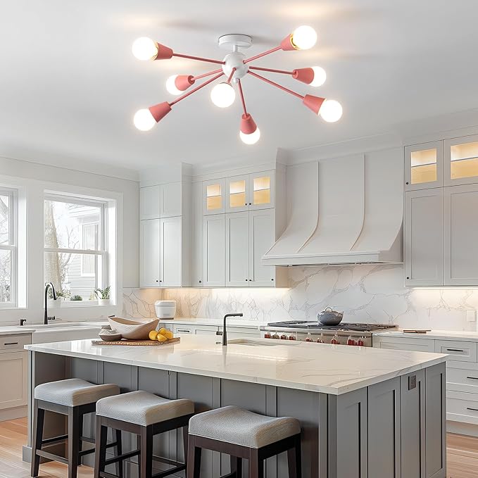 Pink Sputnik Chandelier Ceiling Light Fixture, 8-Lights Modern Sputnik Lights Fixture with E26 Base, Semi Flush Mount Ceiling Light for Bedroom Kitchen Dining Room Entryway