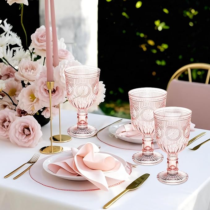 Pink 12 Pack Vintage Wine Glasses, Plastic Reusable 12 Ounce Colored Water Goblets, Unique Flower Embossed Pattern Unbreakable Stemmed Wine Glasses High Clear Wedding Party Bar Drinking Cups