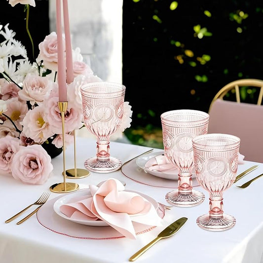 Pink 12 Pack Vintage Wine Glasses, Plastic Reusable 12 Ounce Colored Water Goblets, Unique Flower Embossed Pattern Unbreakable Stemmed Wine Glasses High Clear Wedding Party Bar Drinking Cups