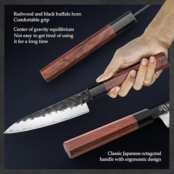 HEZHEN 5.3" Utility Knife, Clad Steel Composite Forging Steel Universal Knife, Petty Knife Paring Fruit Peeling,Japanese Style Kitchen Knife,Natural Wood Octagonal Handle