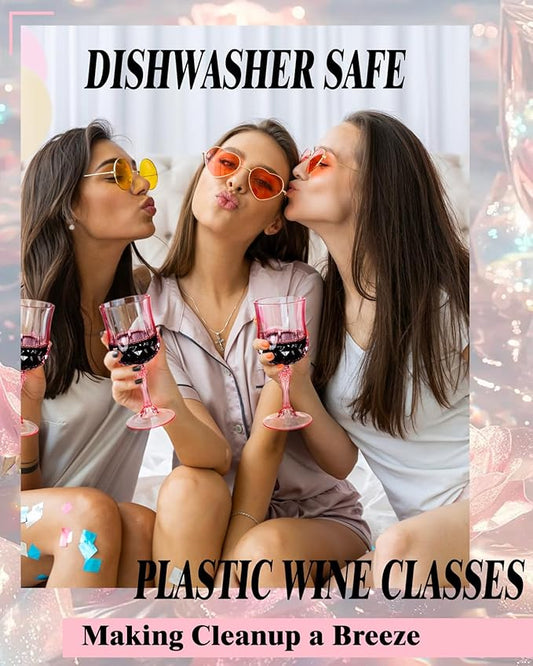 Ciaell 24PCS Pink Plastic Wine Glasses - 7 Oz Plastic Goblets for Party - Pink Vintage Drinking Glasses - Disposable Water Goblets Set for Wedding, Bar, Wine, Beer, Juice, Cocktail, Whiskey