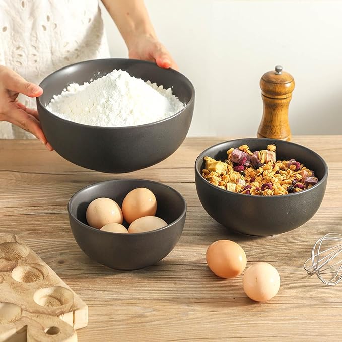 Tikoore Ceramic Mixing Bowls Set of 3, 24oz 40oz 88oz Nesting Bowl Ideal for Parties Dinners Serving Salad Fruit, Versatile for Mixing Prepping Serving in Kitchen, Dishwasher Microwave Safe Black