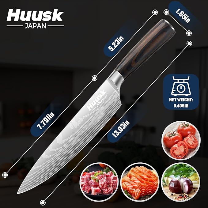 Huusk Chef Knife 8 Inch, Japanese Steel Gyuto Knife, Ultra Sharp Kitchen Knives with Ergonomic Handle, Gifts for Women and Men