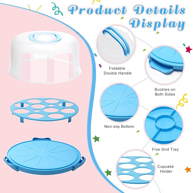 Coolrunner Cake Carrier with Lid and Handle 11inch Round Cake Carrier Portable Cake Stand Plastic Pie Carrier Cake Storage Container for Transport Cakes, Pies (Blue)