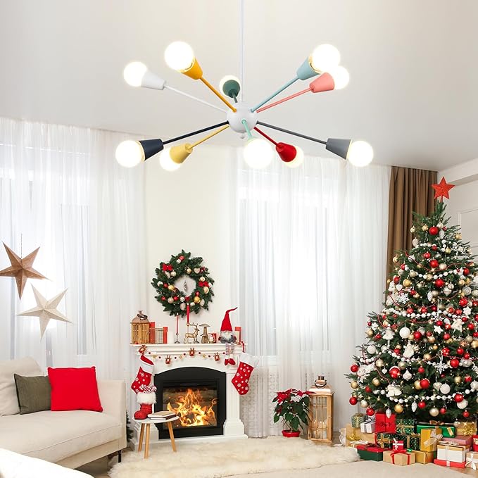 Colorful Sputnik Chandeliers, 10-Light Dining Room Light Fixture Height Adjustable Modern Chandelier Lighting Kids Ceiling Light Fixture for Bedroom Living Room Entryway Foyer
